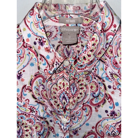 Chicos Linen 3/4 Sleeve No Iron Button Down Shirt Tunic Size 0 (4/6) S Paisley - Picture 3 of 5